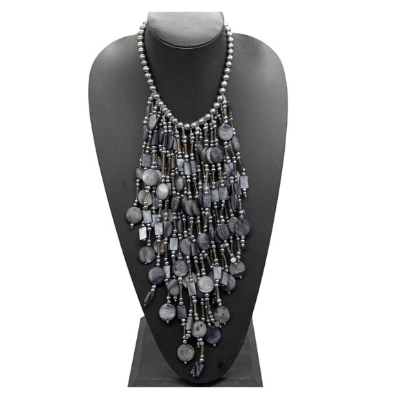 Amphai Handmade Layered Gray Shell MOP Pearls Smoky Quartz Sterling Necklace - Picture 1 of 9